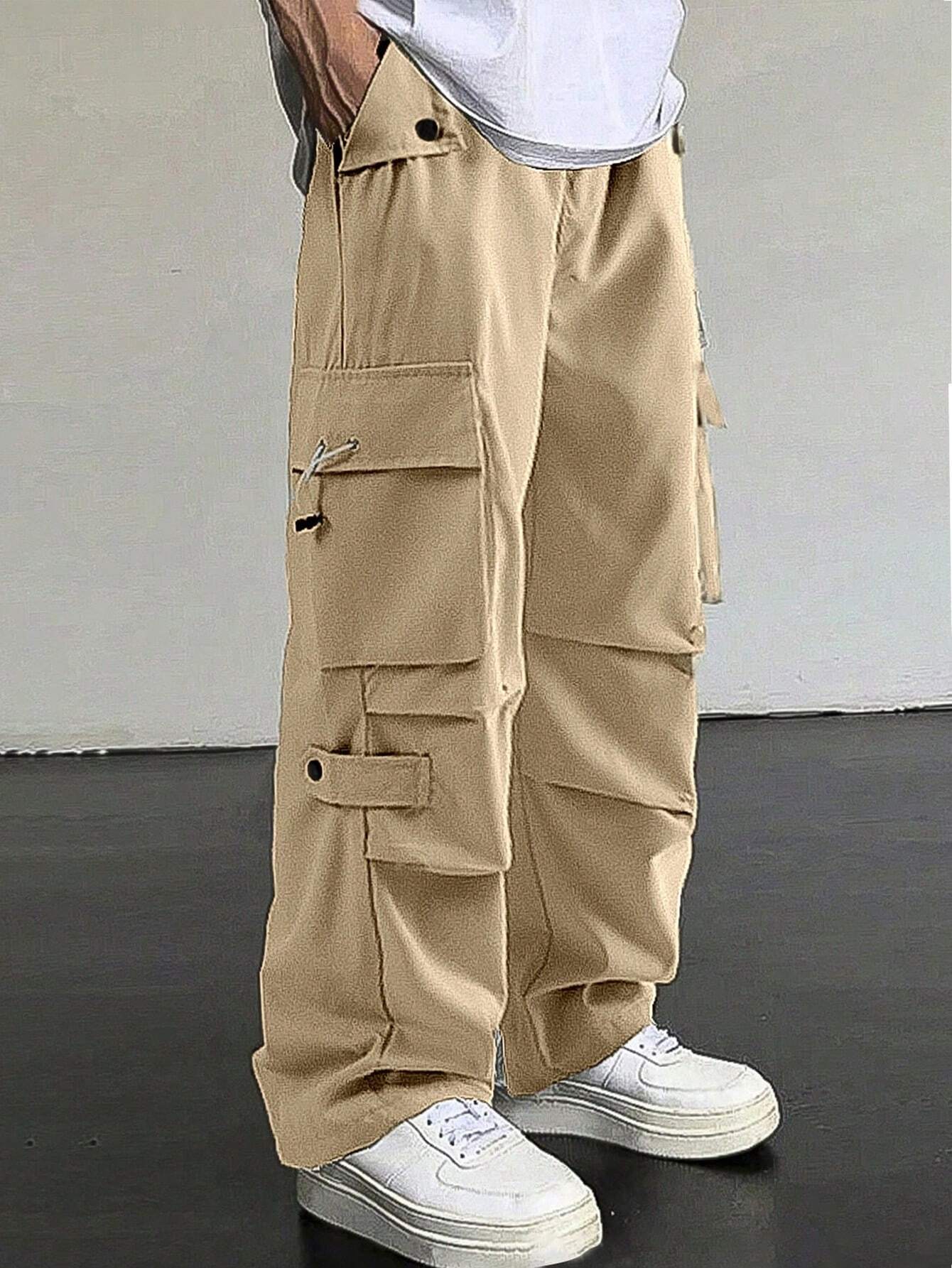 Manfinity EMRG Men'S Flap Pocket Drawstring Waist Cargo Pants Baggy Long Plain Going Out