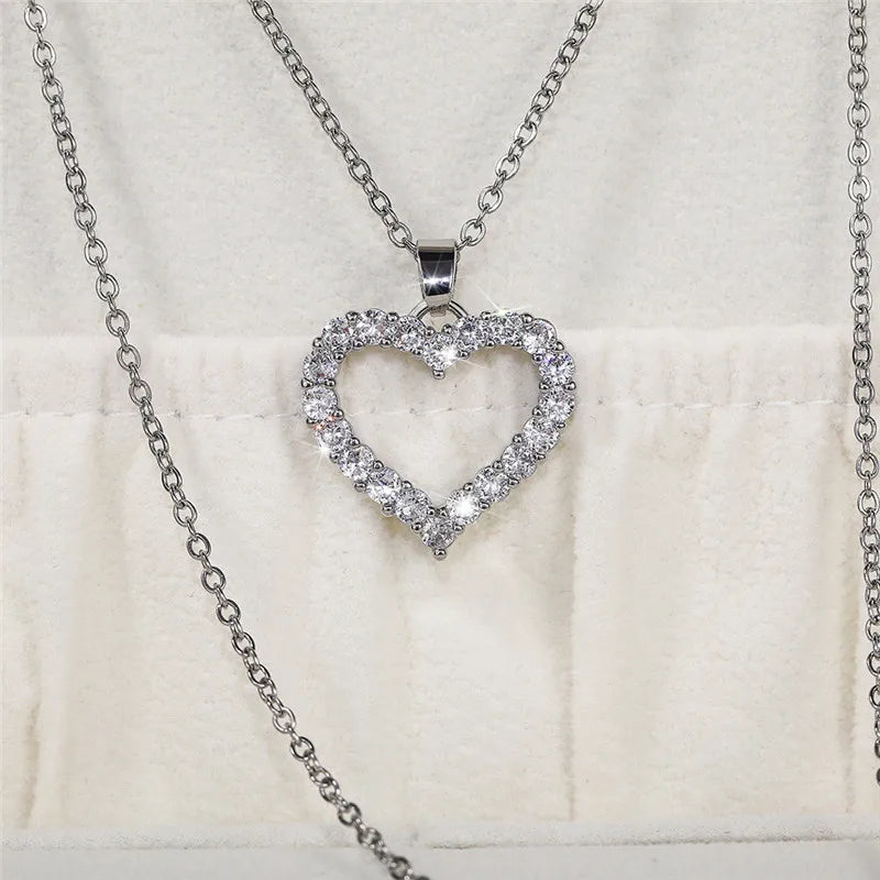 Bling Bling Princess Heart Pendant Necklace Silver Color Romantic Wedding Engagement Necklaces Trendy Jewelry for Women