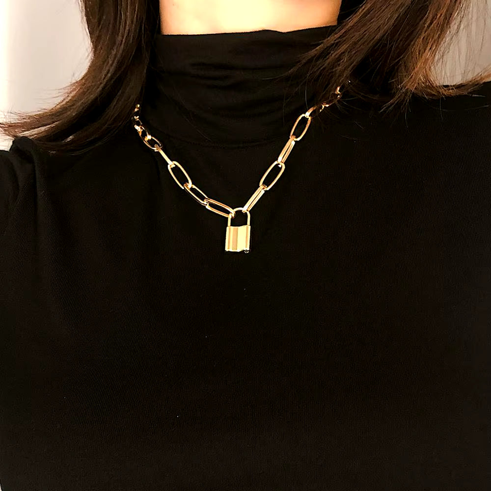 Rock Choker Lock Necklace Layered Chain on the Neck with Lock Mujer Key Padlock Pendant Necklace for Women Gift Punk Jewelry