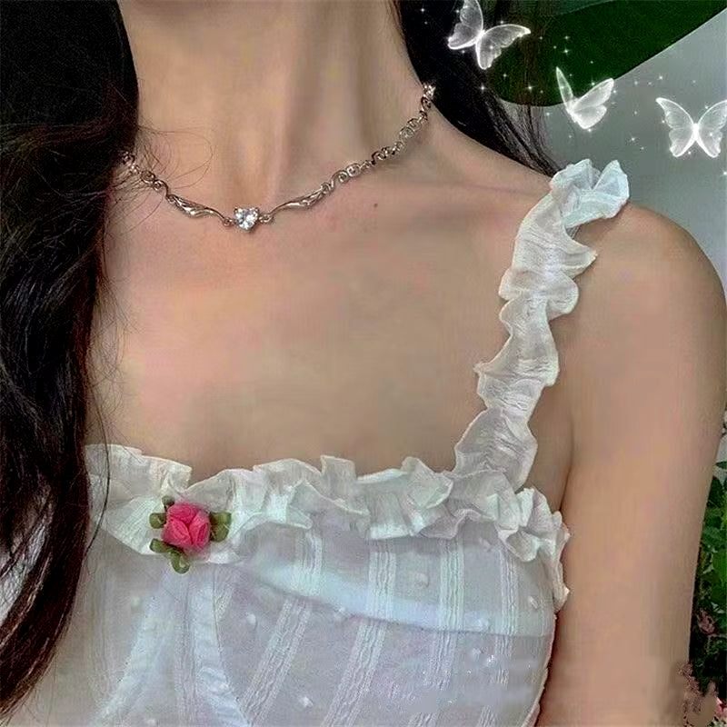 Silver Color Irregualr Choker Necklace for Women Love Heart Crystal Clavicle Chain Necklace Wholesale Jewelry