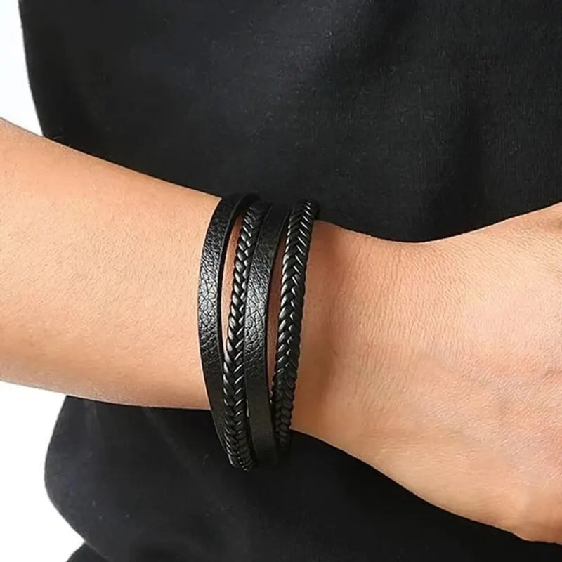 Trendy Leather Bracelets Men Stainless Steel Multilayer Braided Rope Bracelets for Male Bracelets Jewelry